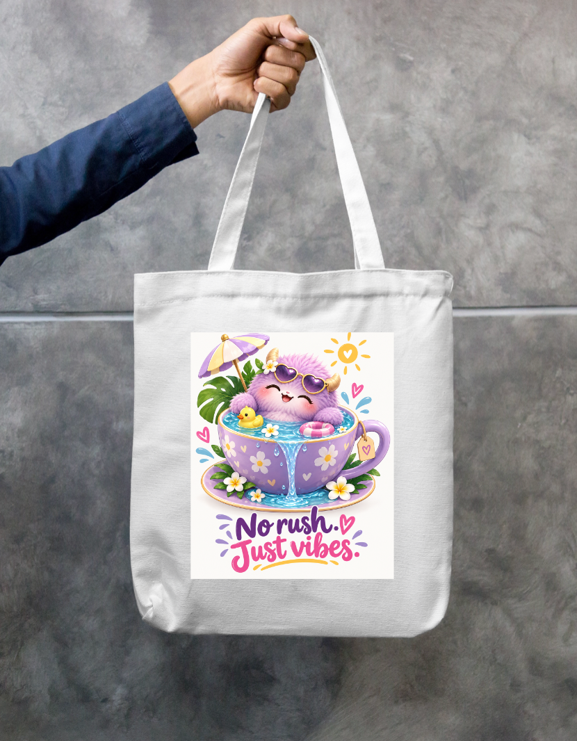 No Rush Just Vibes Cute Monster Teacup Zipper Tote Bag by @insightinspring
