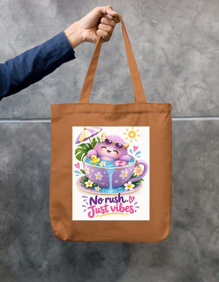 No Rush Just Vibes Cute Monster Teacup Zipper Tote Bag by @insightinspring