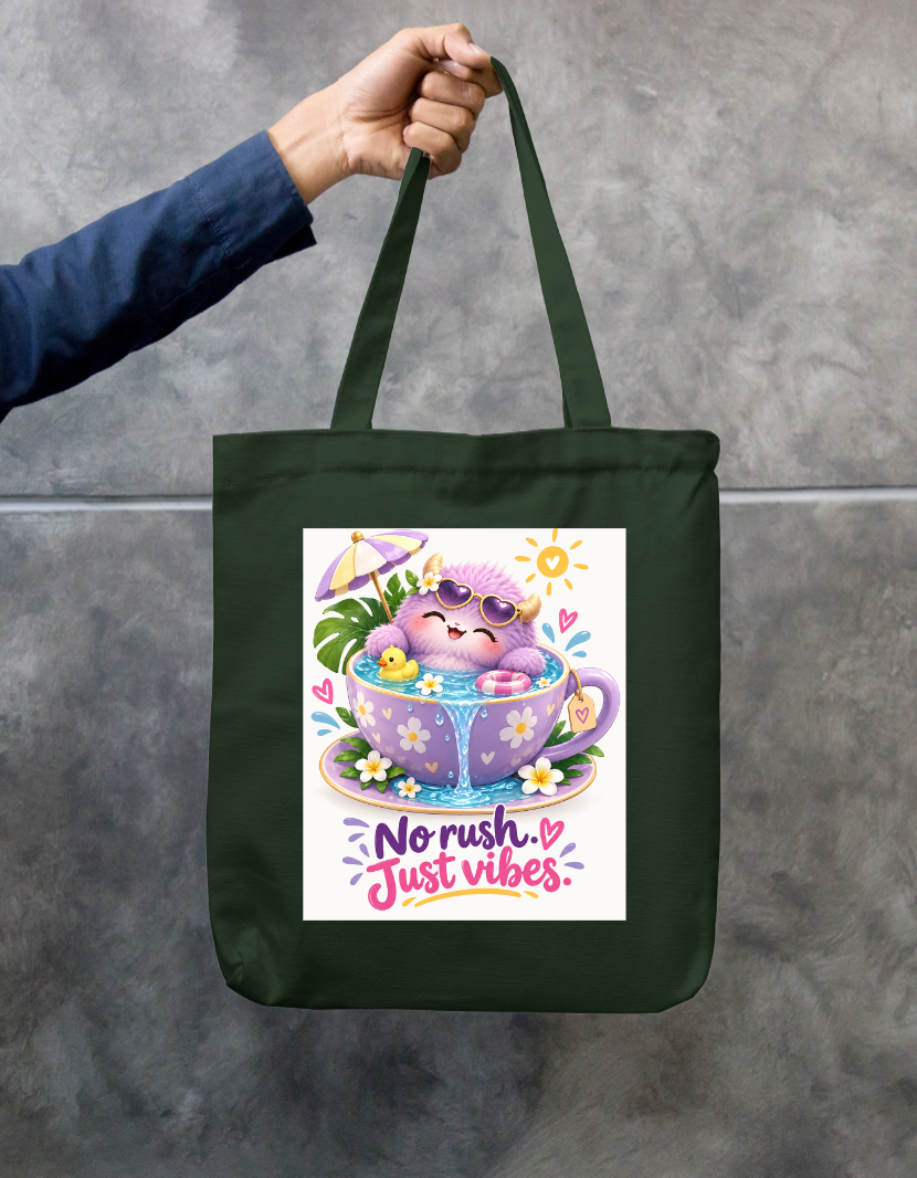 No Rush Just Vibes Cute Monster Teacup Zipper Tote Bag by @insightinspring