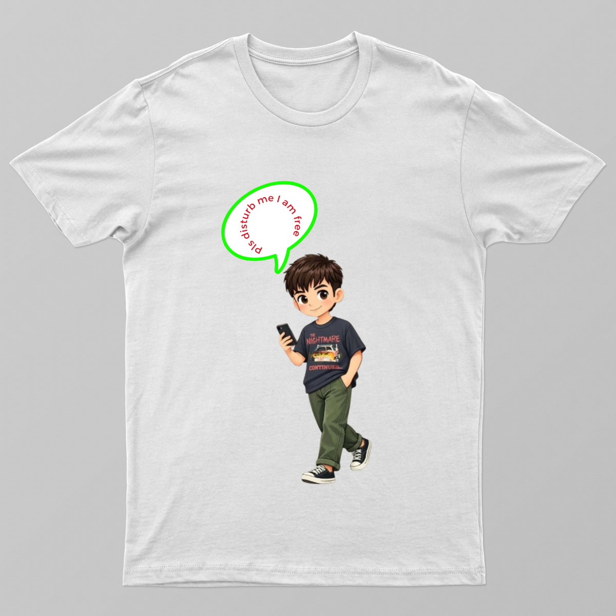 A cartoon boy is holding a phone and has a speech bubble above his head that says "pls disturb me I am free". Unisex T-shirt by @ktart31