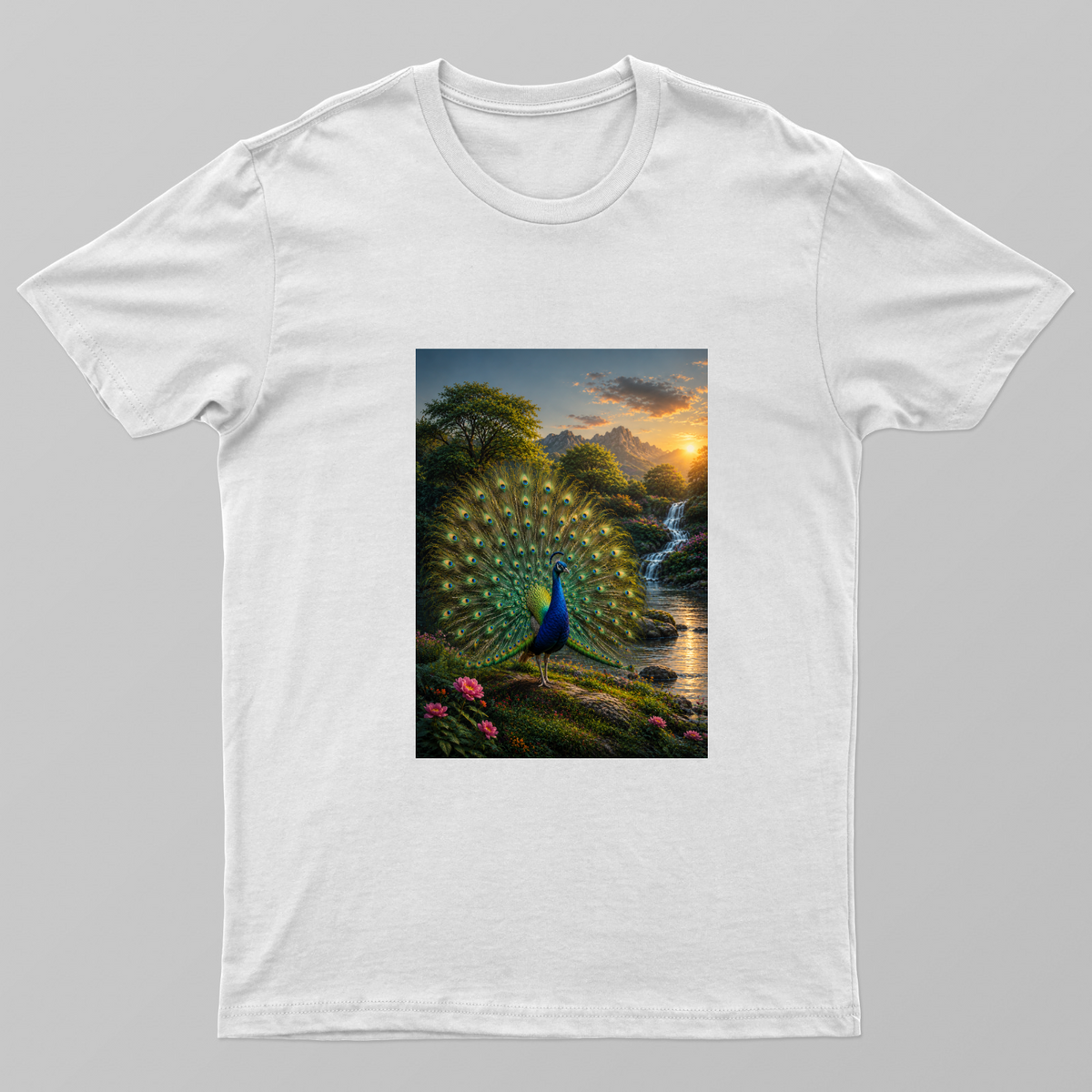 Peacock on a Riverside Unisex T-shirt by @3designsanddataservices