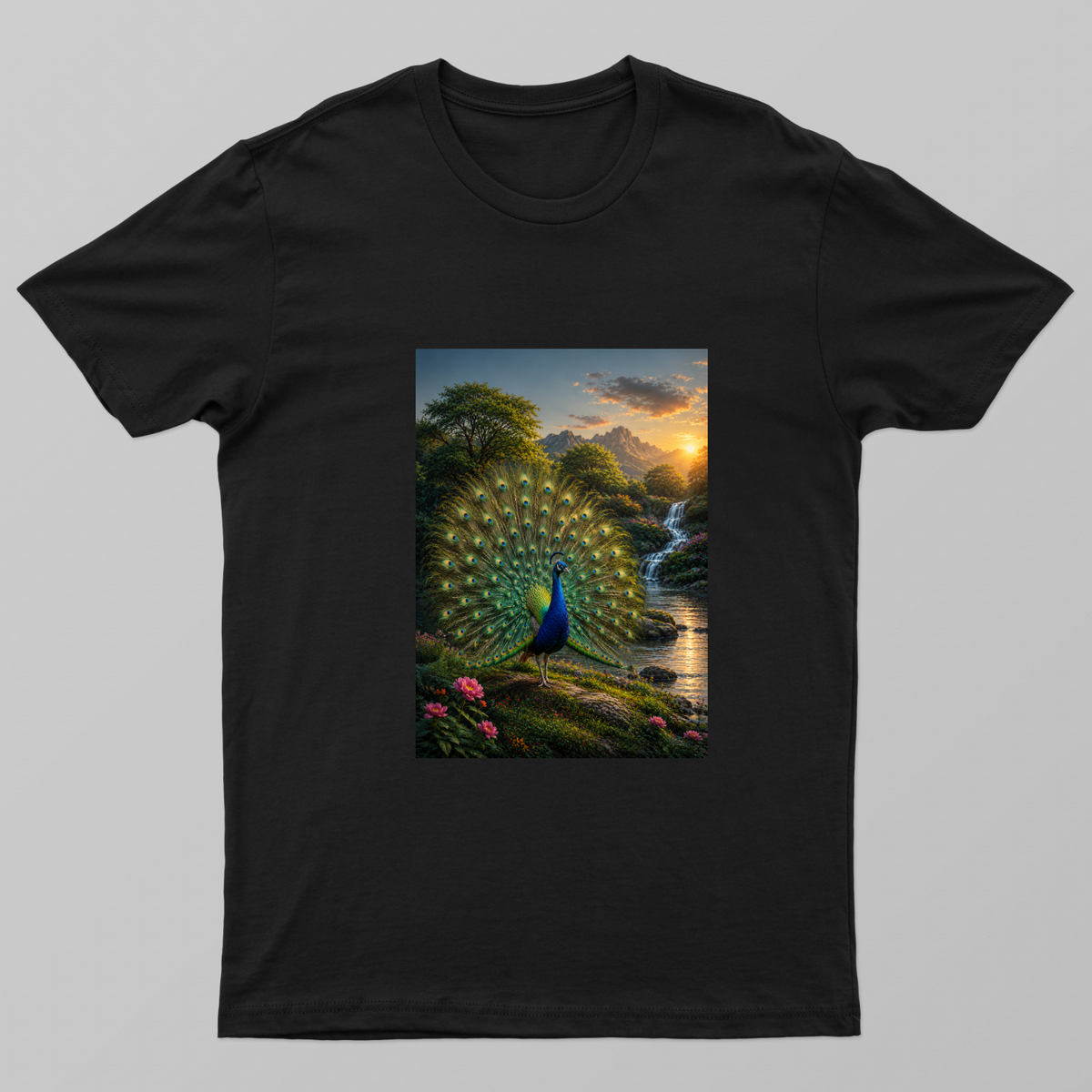 Peacock on a Riverside Unisex T-shirt by @3designsanddataservices