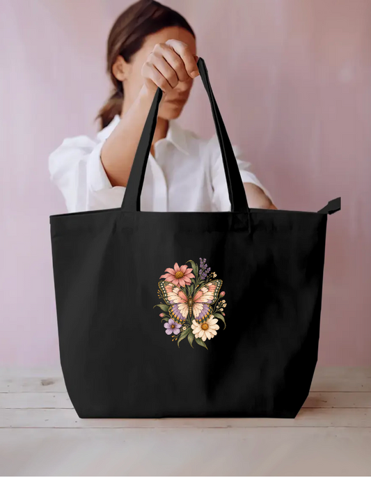Vintage Cottagecore Botanical Butterfly and Flowers Aesthetic Tote Bag Everyday Large Tote Bag by SeJaa_Studio