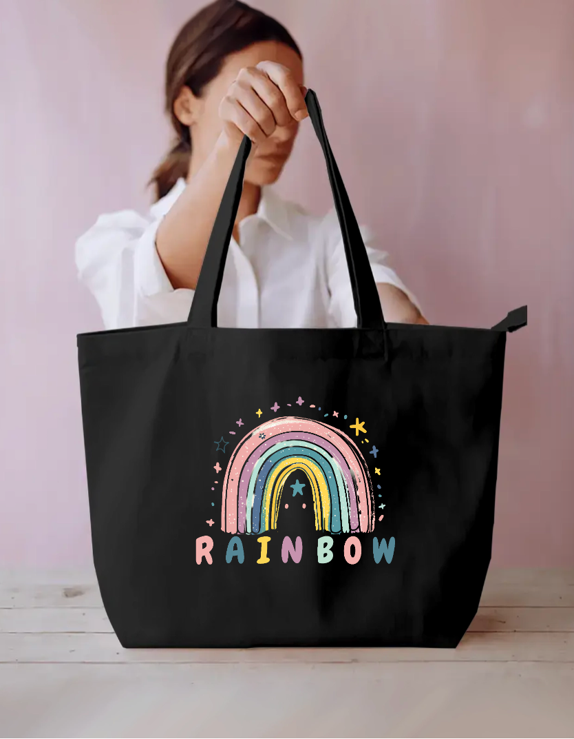 Pastel Rainbow and Stars Whimsical Cute Kids Canvas Tote Bag Everyday Large Tote Bag by SeJaa_Studio