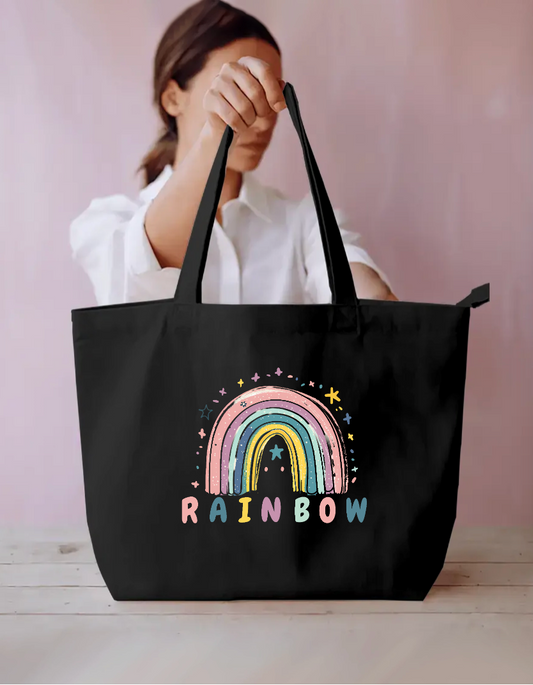 Pastel Rainbow and Stars Whimsical Cute Kids Canvas Tote Bag Everyday Large Tote Bag by SeJaa_Studio