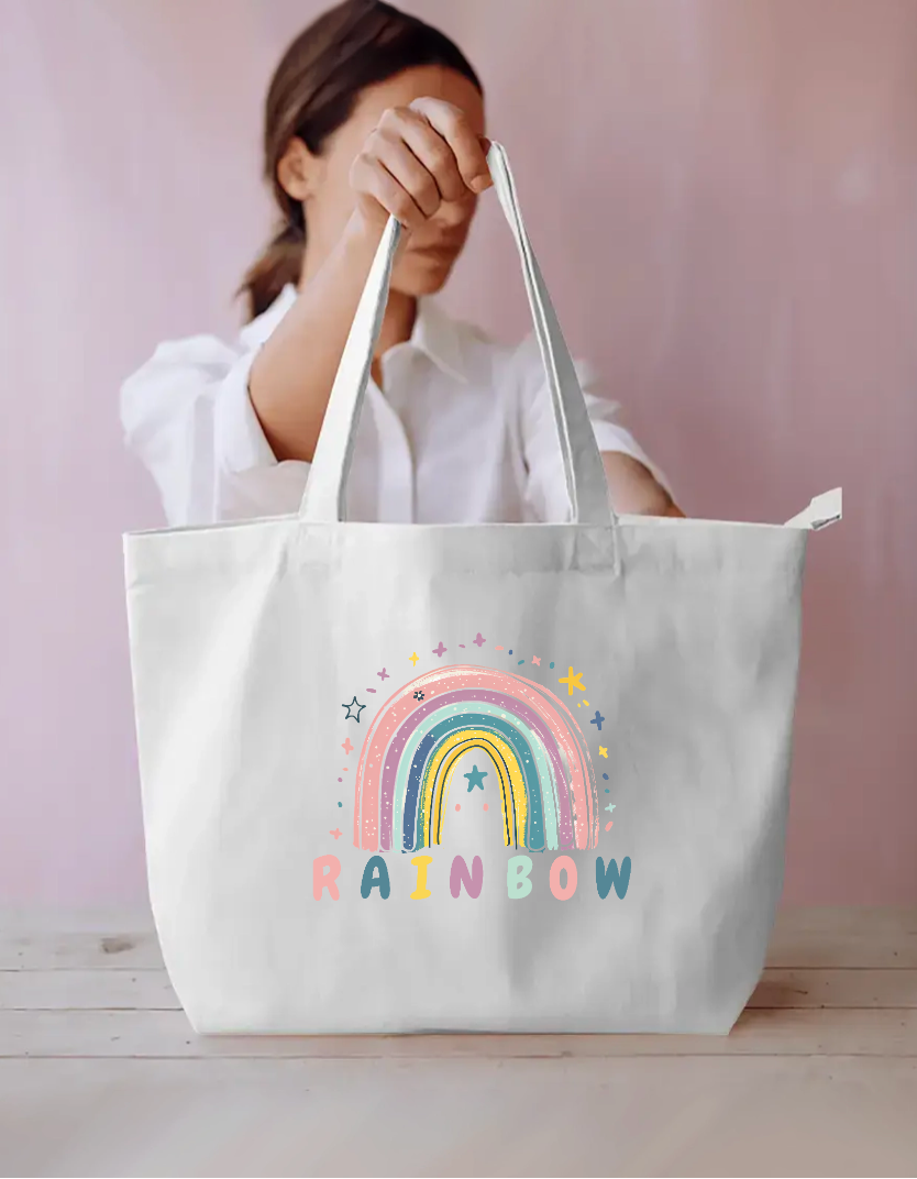 Pastel Rainbow and Stars Whimsical Cute Kids Canvas Tote Bag Everyday Large Tote Bag by SeJaa_Studio