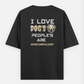 The image displays the text "I LOVE DOG'S PEOPLE'S ARE NONCOMPULSORY" with a beagle illustration. It conveys a humorous Oversized T-shirt (Back print) by @ktart31