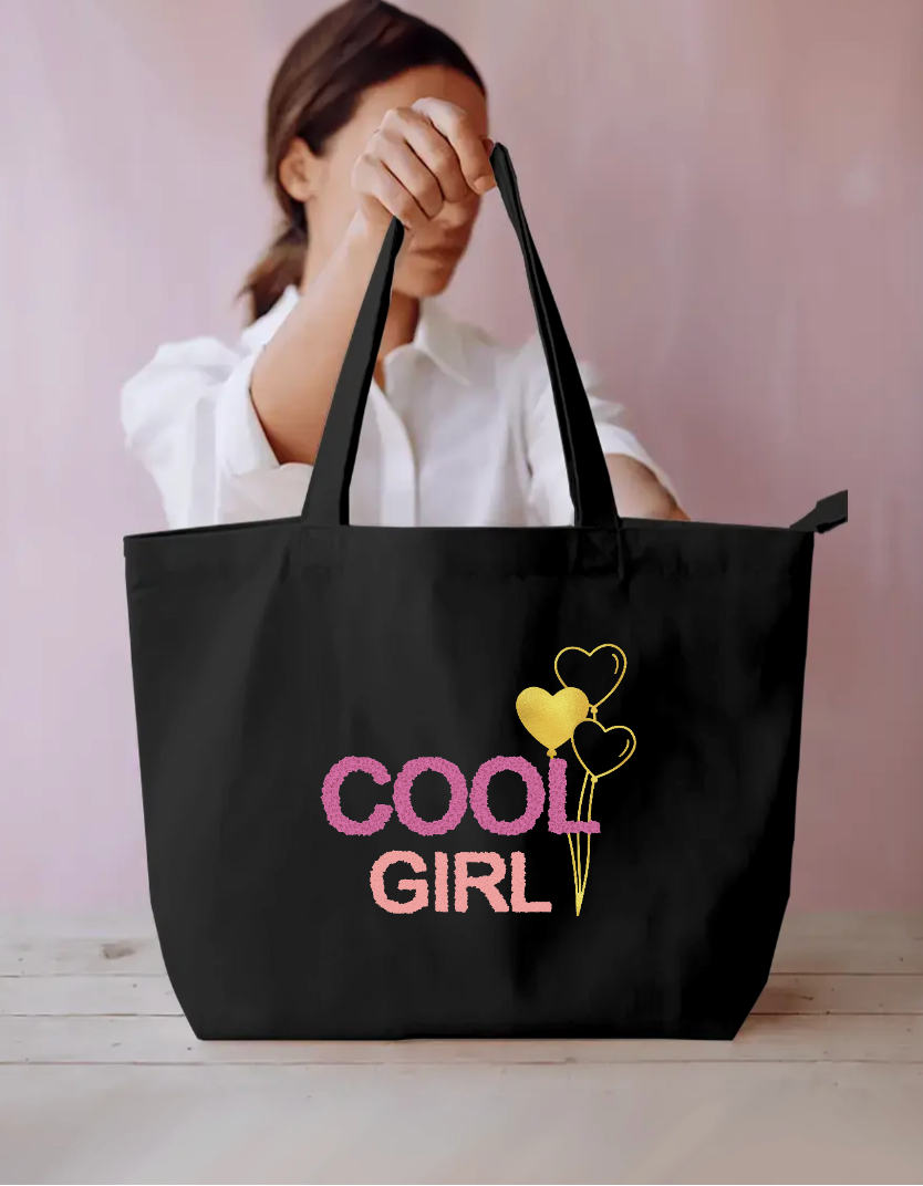 Cool Girl Tote Bag - Trendy Pink & Gold Heart Balloon Graphic Bag Everyday Large Tote Bag by SeJaa_Studio