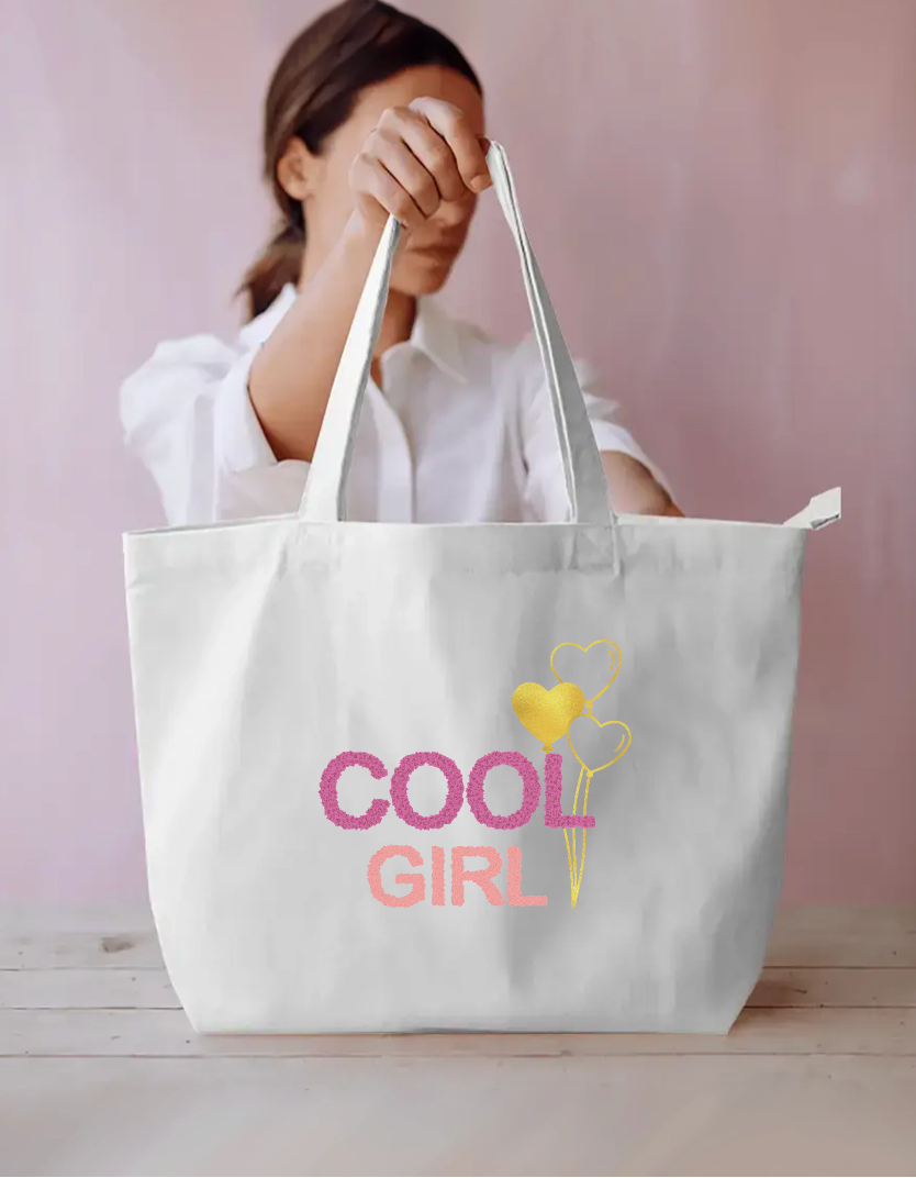 Cool Girl Tote Bag - Trendy Pink & Gold Heart Balloon Graphic Bag Everyday Large Tote Bag by SeJaa_Studio