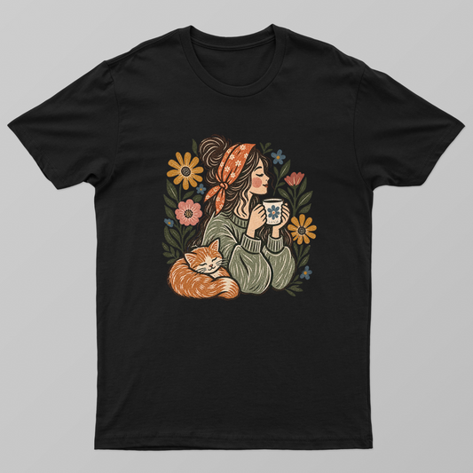 Cottagecore Cat & Coffee Girl T-Shirt - Vintage Botanical Linocut Art Unisex T-shirt by SeJaa_Studio