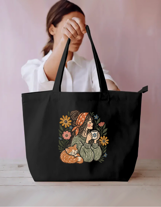 Cottagecore Cat & Coffee Tote Bag - Vintage Botanical Linocut Canvas Bag Everyday Large Tote Bag by SeJaa_Studio