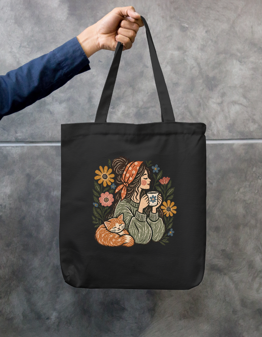 Cottagecore Cat & Coffee Zipper Tote Bag - Vintage Botanical Linocut Canvas Bag Zipper Tote Bag by SeJaa_Studio