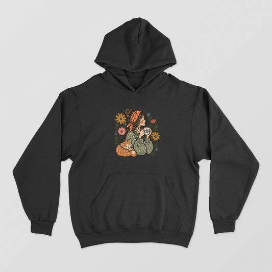 Cottagecore Cat & Coffee Hoodie - Vintage Botanical Linocut Sweatshirt Unisex Hoodie by SeJaa_Studio