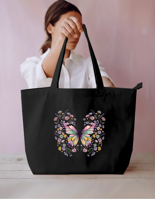 : Pastel Butterfly & Floral Garden Aesthetic Canvas Tote Bag Everyday Large Tote Bag by SeJaa_Studio