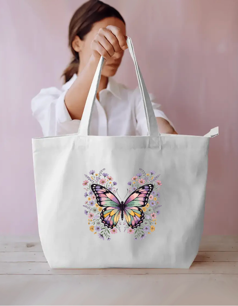 : Pastel Butterfly & Floral Garden Aesthetic Canvas Tote Bag Everyday Large Tote Bag by SeJaa_Studio
