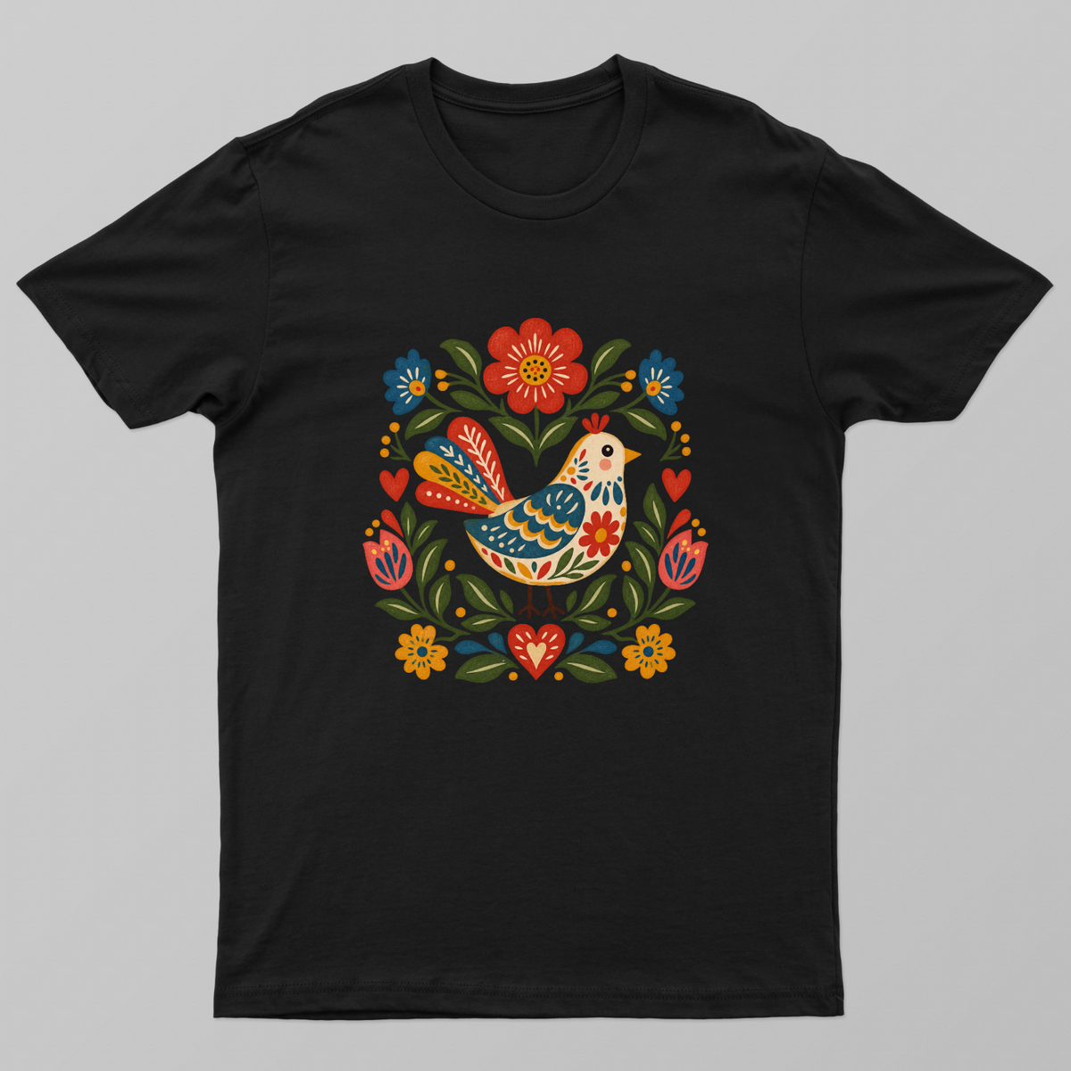 Scandinavian Folk Art Bird and Floral T-Shirt Unisex T-shirt by SeJaa_Studio