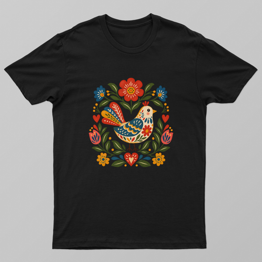 Scandinavian Folk Art Bird and Floral T-Shirt Unisex T-shirt by SeJaa_Studio