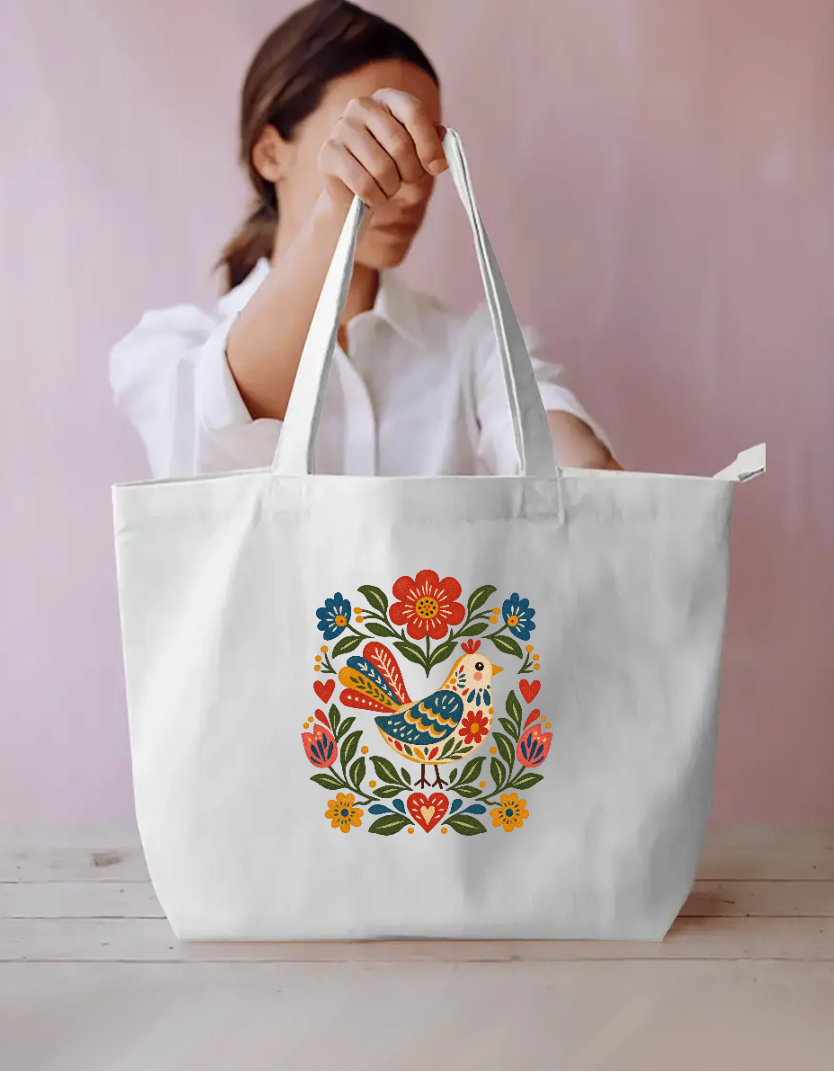 Scandinavian Folk Art Bird and Floral Tote Bag Everyday Large Tote Bag by SeJaa_Studio