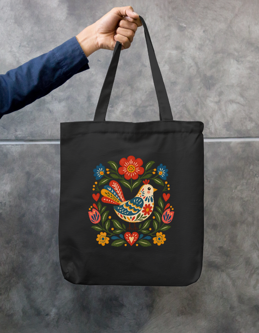 Scandinavian Folk Art Bird and Floral Zipper Tote Bag Zipper Tote Bag by SeJaa_Studio