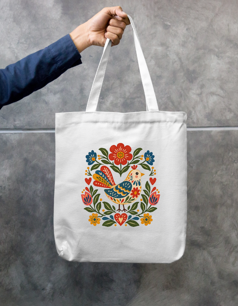 Scandinavian Folk Art Bird and Floral Zipper Tote Bag Zipper Tote Bag by SeJaa_Studio