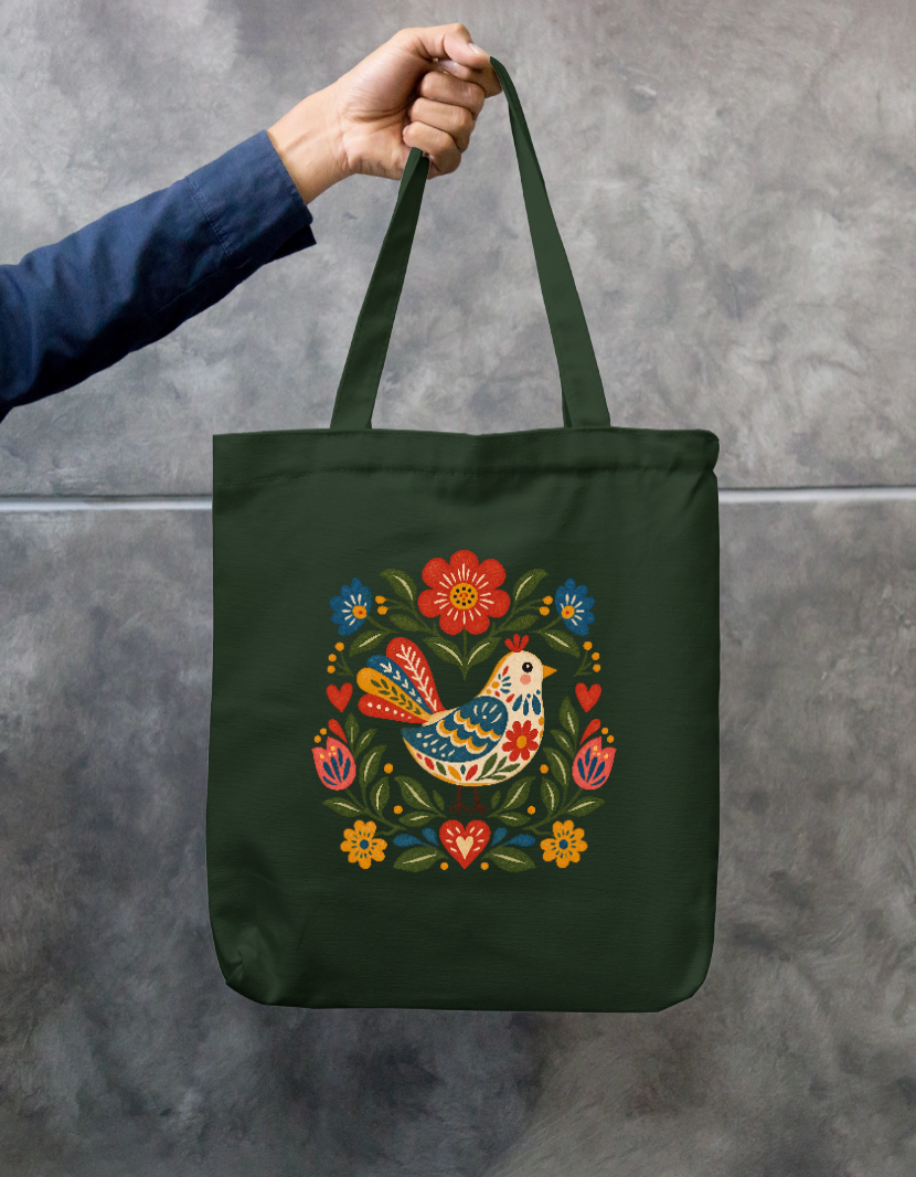 Scandinavian Folk Art Bird and Floral Zipper Tote Bag Zipper Tote Bag by SeJaa_Studio