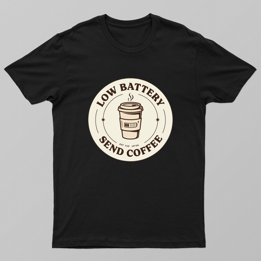 Low Battery Send Coffee Funny Vintage Badge T-Shirt Unisex T-shirt by SeJaa_Studio