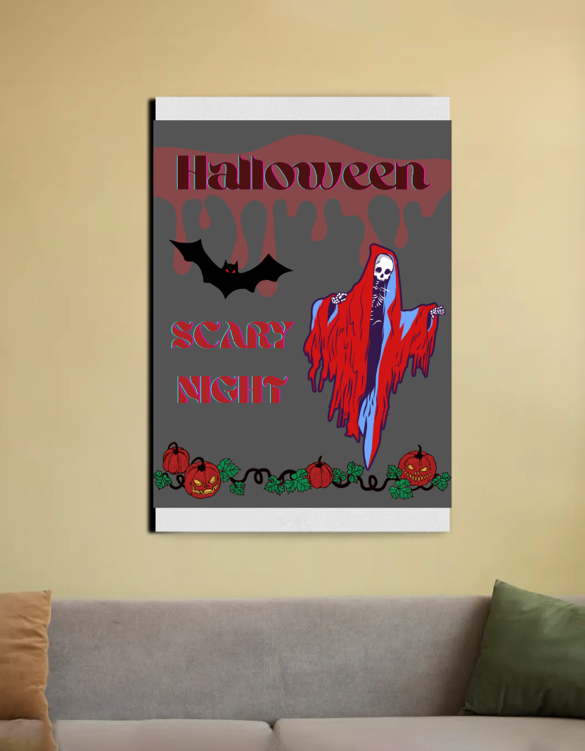 This is a Halloween-themed illustration featuring spooky elements like a bat, a skeleton in a robe, and jack-o'-lanterns 20"x30" Canvas Poster by @ktart31
