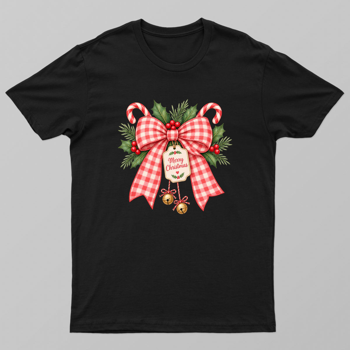 Vintage Red Gingham Merry Christmas Bow T-Shirt Unisex T-shirt by SeJaa_Studio