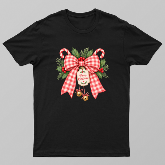Vintage Red Gingham Merry Christmas Bow T-Shirt Unisex T-shirt by SeJaa_Studio