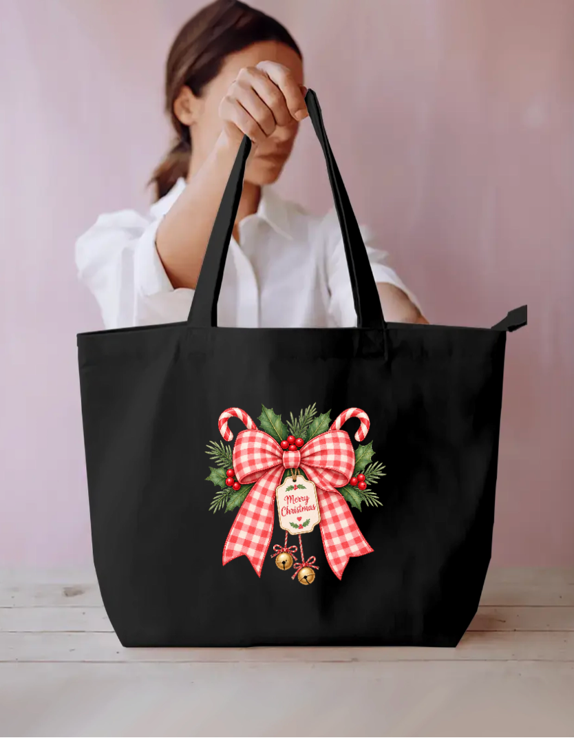 Vintage Red Gingham Merry Christmas Bow Tote Bag Everyday Large Tote Bag by SeJaa_Studio