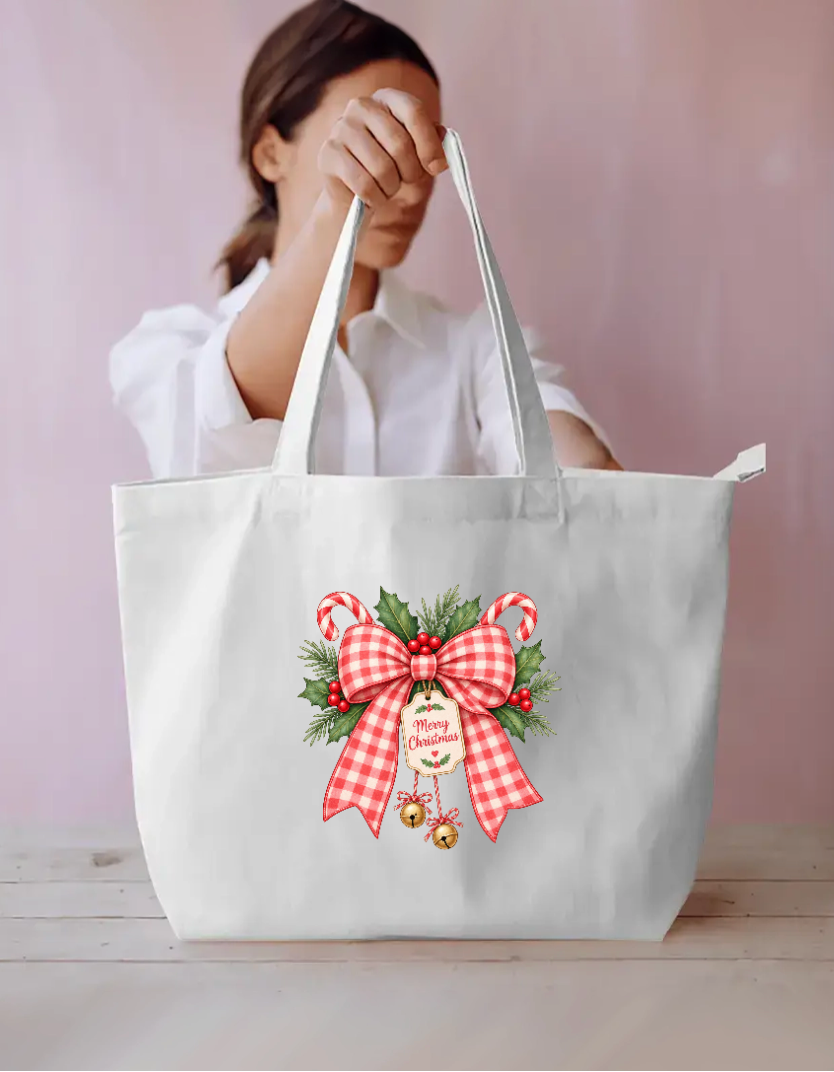 Vintage Red Gingham Merry Christmas Bow Tote Bag Everyday Large Tote Bag by SeJaa_Studio