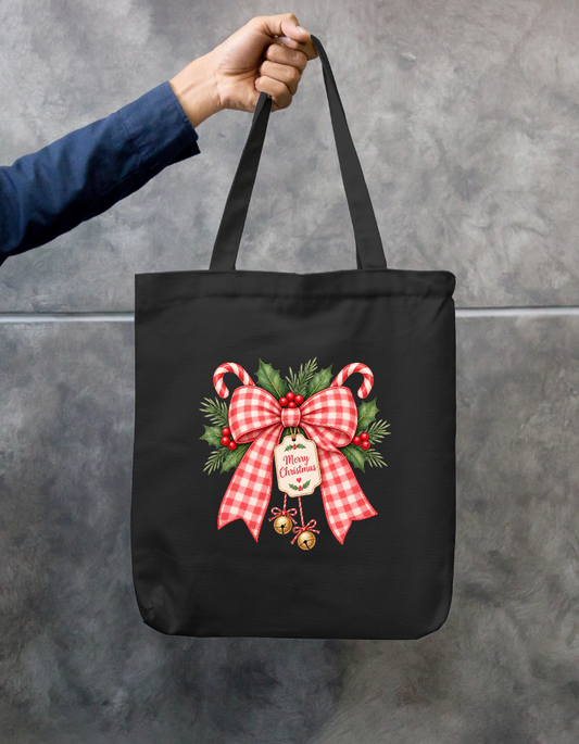 Vintage Red Gingham Merry Christmas Bow Zipper Tote Bag Zipper Tote Bag by SeJaa_Studio