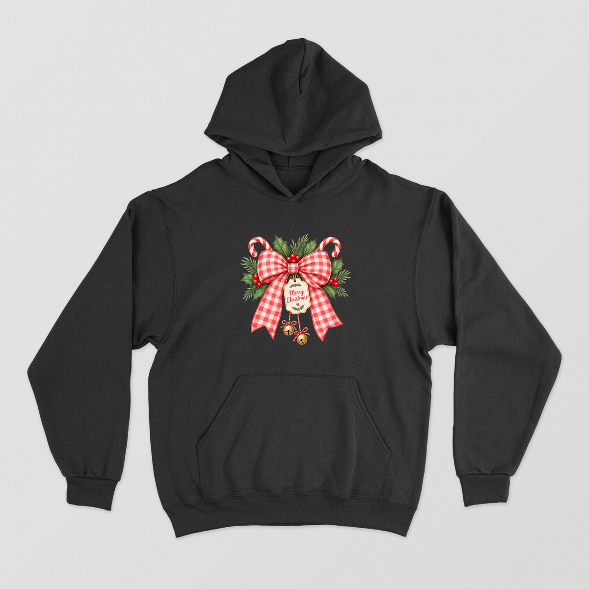 Vintage Red Gingham Merry Christmas Bow Hoodie Unisex Hoodie by SeJaa_Studio