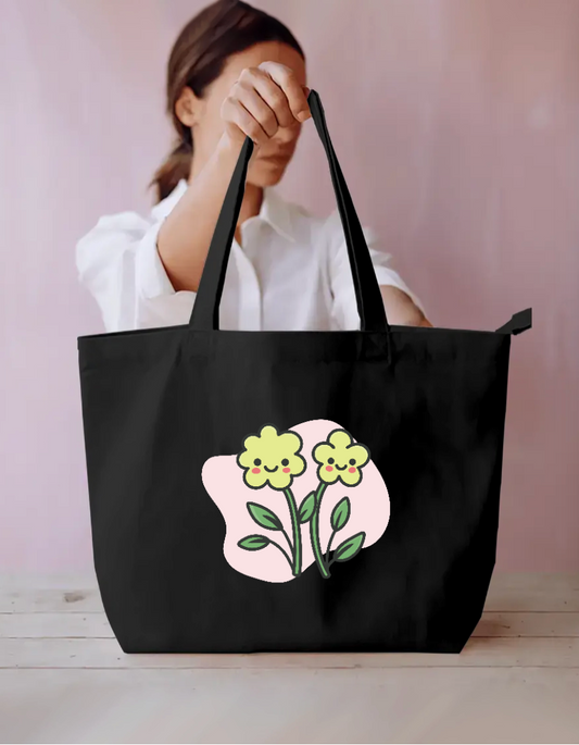 Cute Kawaii Smiling Flowers Floral Tote Bag Everyday Large Tote Bag by SeJaa_Studio