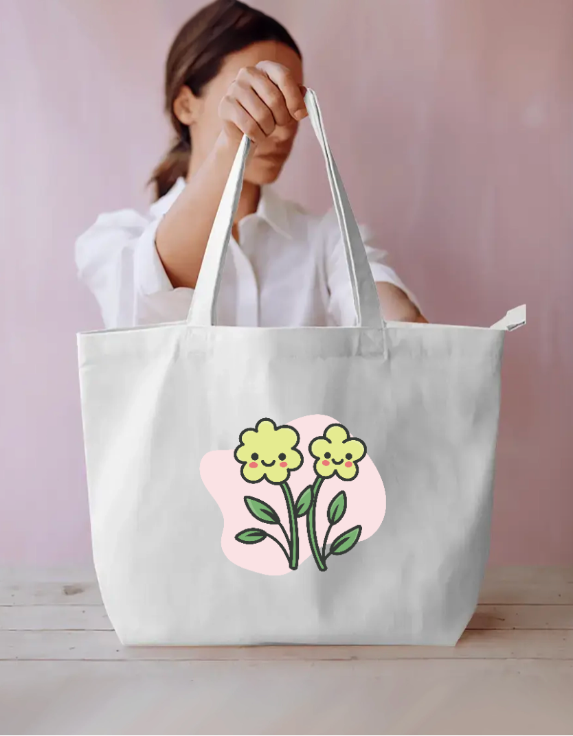 Cute Kawaii Smiling Flowers Floral Tote Bag Everyday Large Tote Bag by SeJaa_Studio