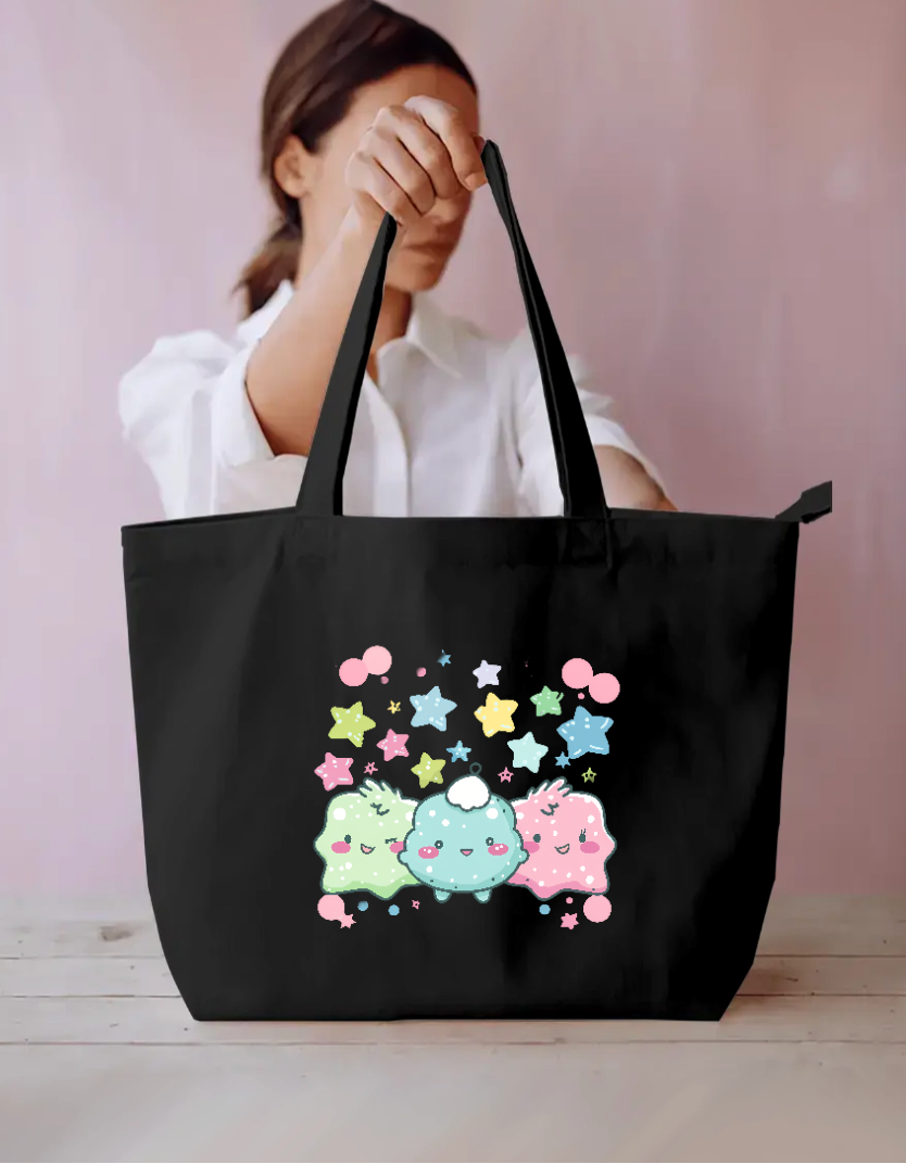 Cute Kawaii Pastel Cloud Friends Tote Bag | Pastel Stars Aesthetic Canvas Bag Everyday Large Tote Bag by SeJaa_Studio