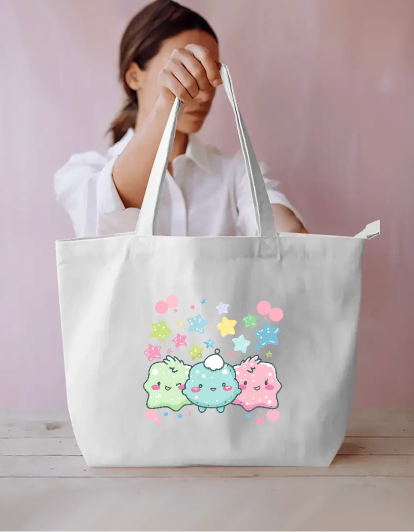 Cute Kawaii Pastel Cloud Friends Tote Bag | Pastel Stars Aesthetic Canvas Bag Everyday Large Tote Bag by SeJaa_Studio