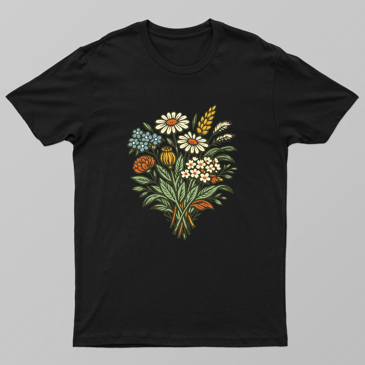 Vintage Wildflower Bouquet Linocut Floral T-Shirt Unisex T-shirt by SeJaa_Studio