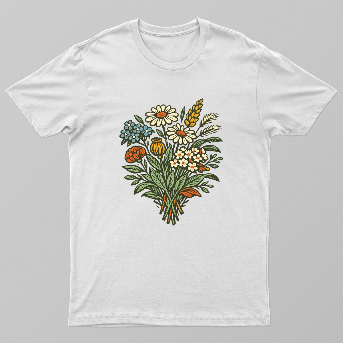Vintage Wildflower Bouquet Linocut Floral T-Shirt Unisex T-shirt by SeJaa_Studio