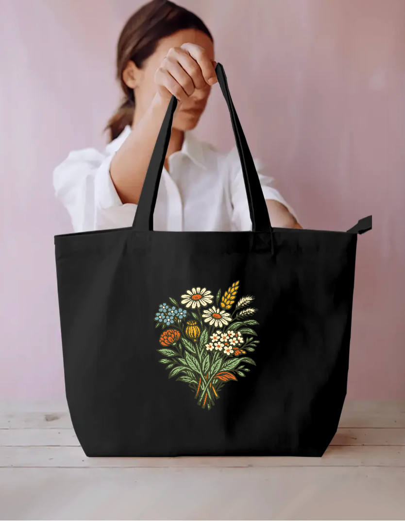 Vintage Wildflower Bouquet Linocut Floral Tote Bag Everyday Large Tote Bag by SeJaa_Studio