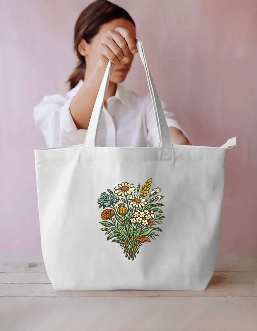 Vintage Wildflower Bouquet Linocut Floral Tote Bag Everyday Large Tote Bag by SeJaa_Studio