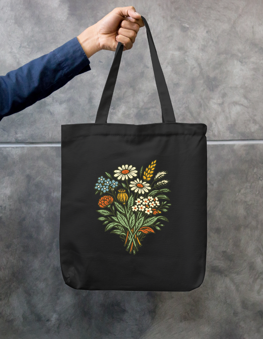 Vintage Wildflower Bouquet Linocut Floral Zipper Tote Bag Zipper Tote Bag by SeJaa_Studio