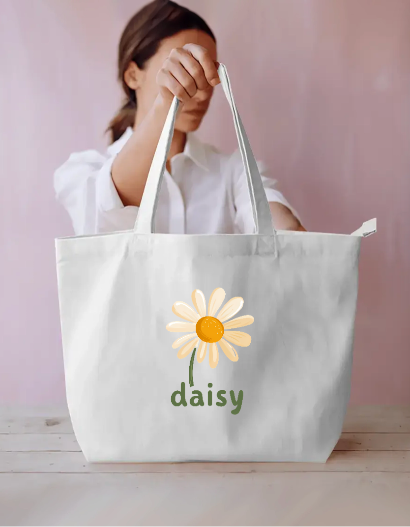 Cute Daisy Flower Tote Bag | Retro Botanical Canvas Shopping Bag Everyday Large Tote Bag by SeJaa_Studio