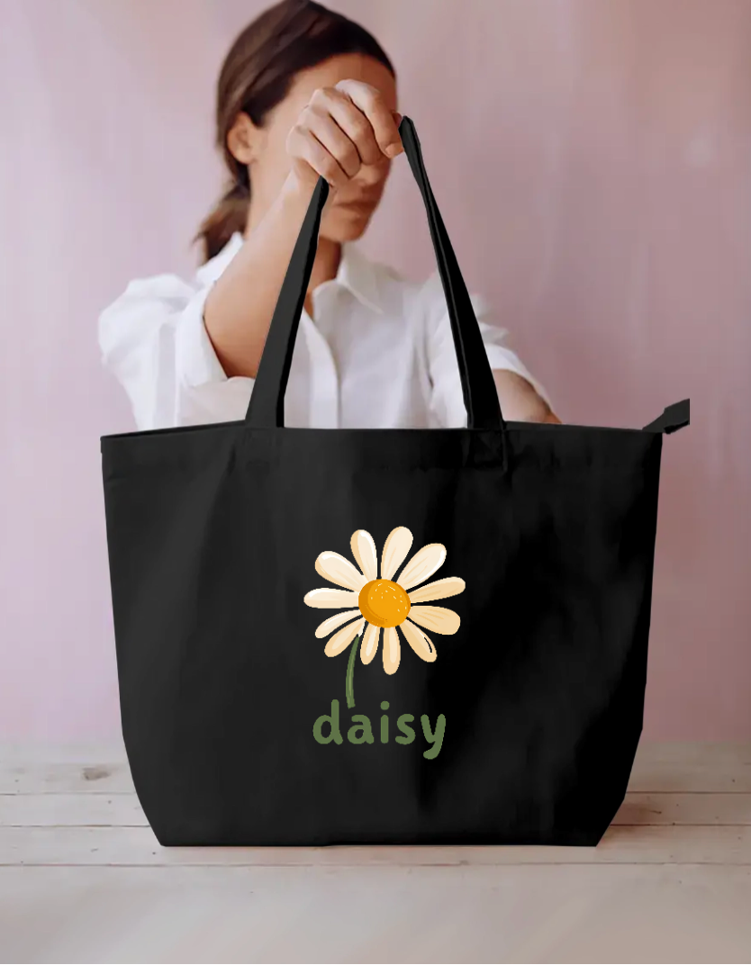 Cute Daisy Flower Tote Bag | Retro Botanical Canvas Shopping Bag Everyday Large Tote Bag by SeJaa_Studio