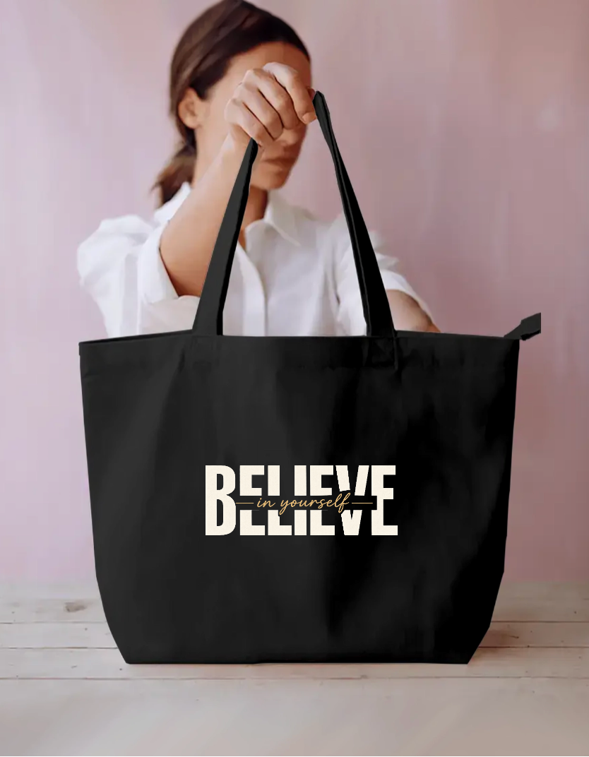 Golden "Believe In Yourself" Motivational Tote Bag with Rising Sun Design Everyday Large Tote Bag by SeJaa_Studio