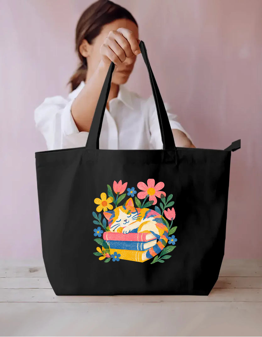 Bookish Cat Napping on Stack of Books Canvas Tote Bag Everyday Large Tote Bag by SeJaa_Studio