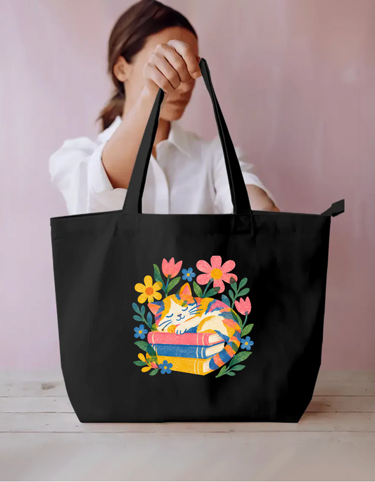 Bookish Cat Napping on Stack of Books Canvas Tote Bag Everyday Large Tote Bag by SeJaa_Studio