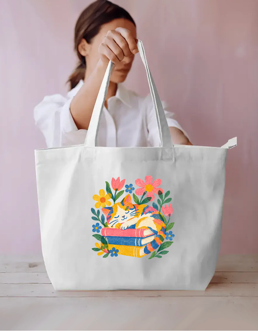 Bookish Cat Napping on Stack of Books Canvas Tote Bag Everyday Large Tote Bag by SeJaa_Studio