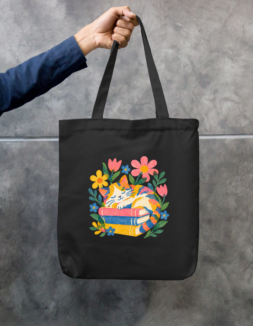 Bookish Cat Napping on Stack of Books Zippered Canvas Tote Zipper Tote Bag by SeJaa_Studio