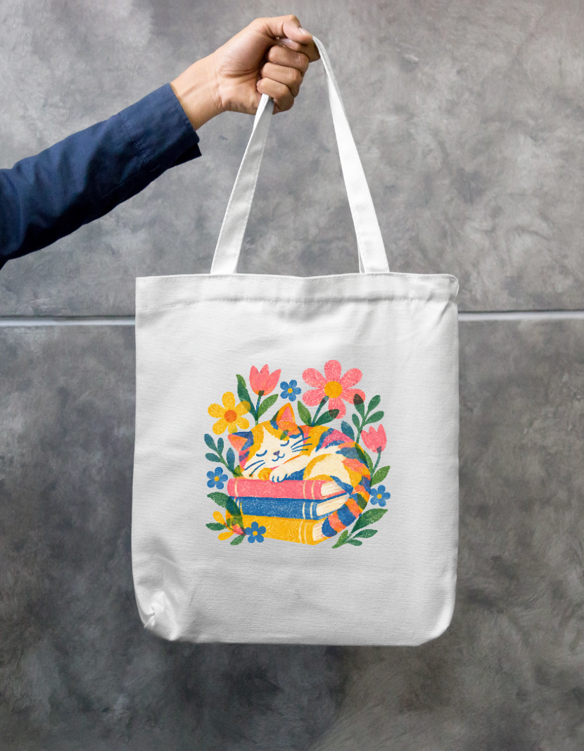 Bookish Cat Napping on Stack of Books Zippered Canvas Tote Zipper Tote Bag by SeJaa_Studio
